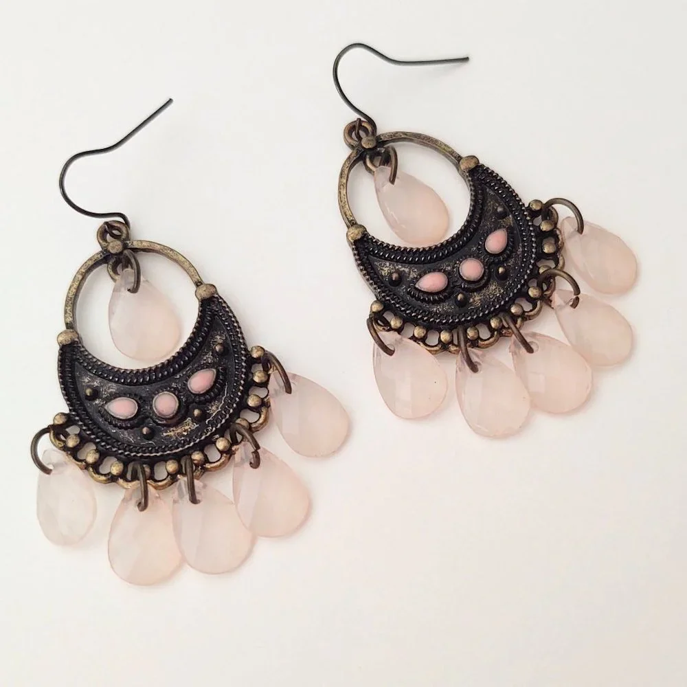 Antique gold, pink enamel and pink dangle beaded earrings